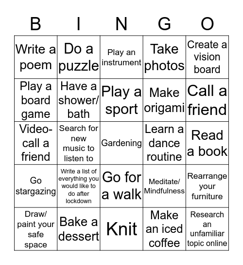 Activity Bingo Card