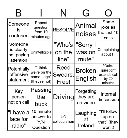 UK Call Bingo Card