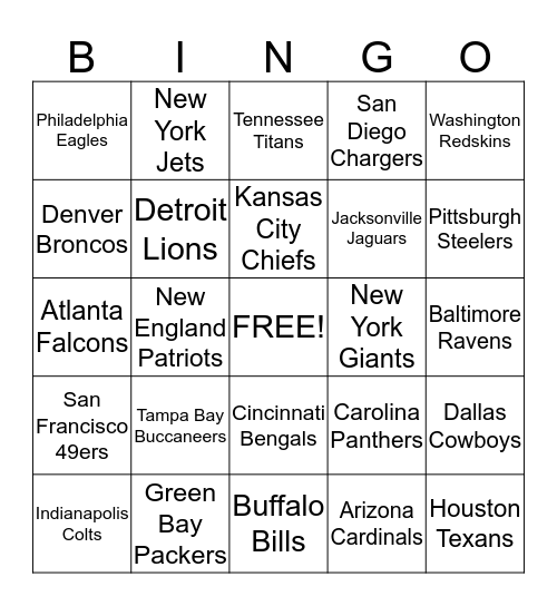 NFL BINGO Card