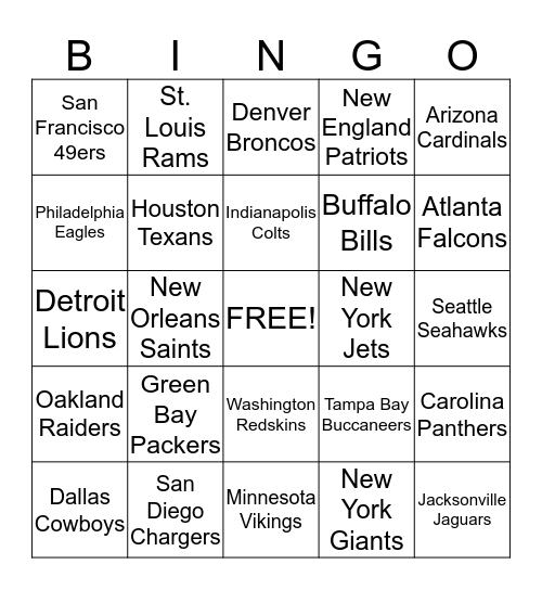 NFL BINGO Card