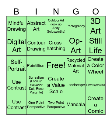 Spring Break Art Bingo Card