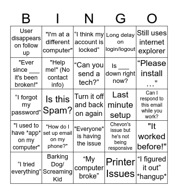 Service Desk Bingo Card