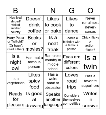 Break the Ice Bingo Card