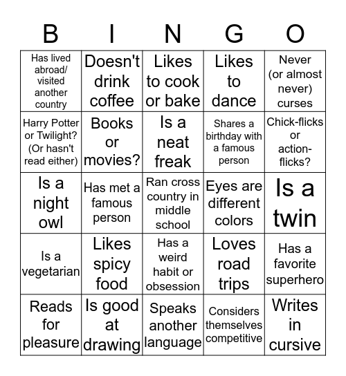 Break the Ice Bingo Card