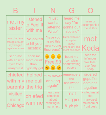 S e r e n a Bingo Card