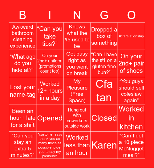 Unofficial Cfa Employee bingo Card