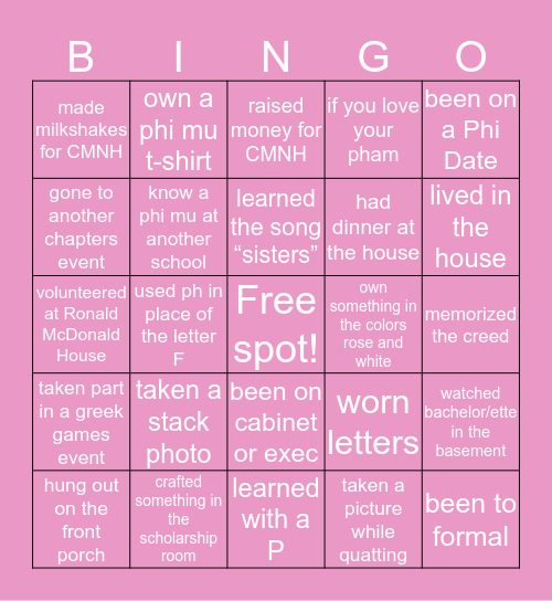 PHI MU CWRU Bingo Card