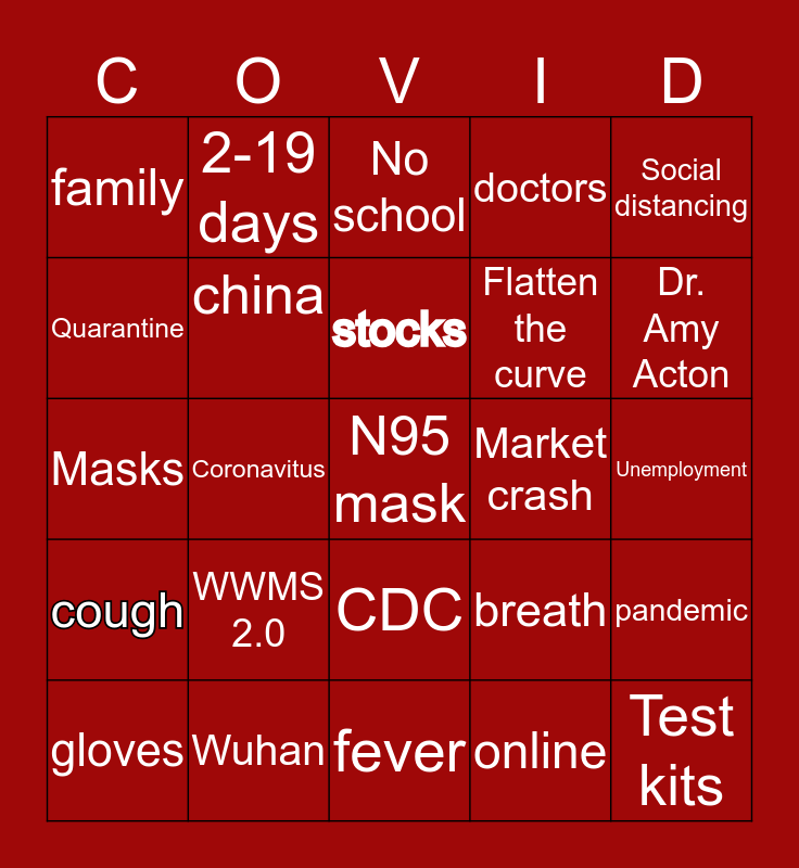 Coronavirus Bingo Card