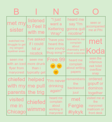 S e r e n a Bingo Card