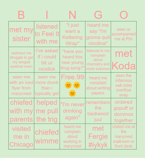 S e r e n a Bingo Card