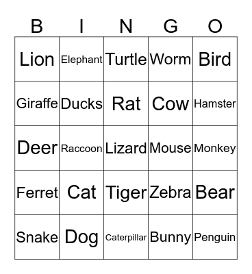 Animals Bingo Card