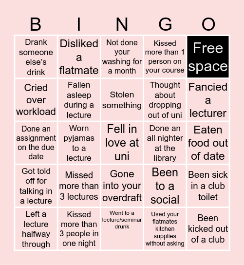 University Student Bingo Card