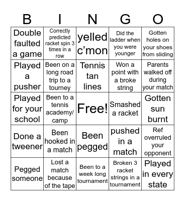 Tennis Bingo Card