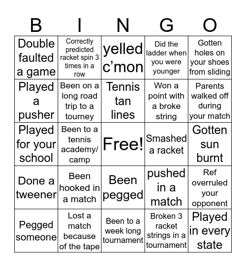 Tennis Bingo Card