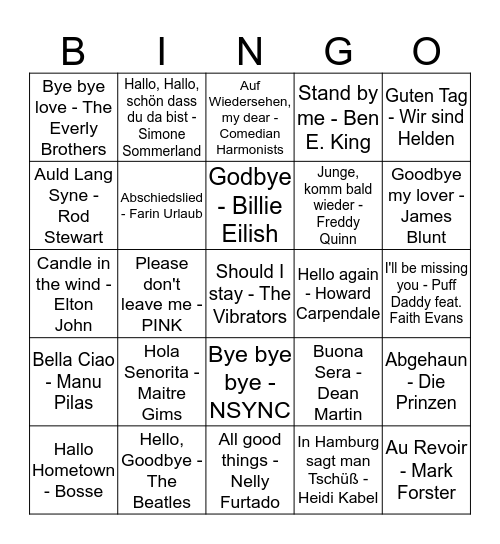 You say goodbye and I say hello Bingo Card