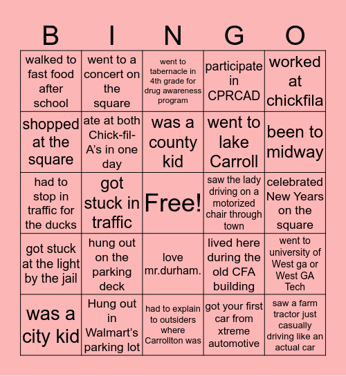 Carrollton, GA Bingo Card