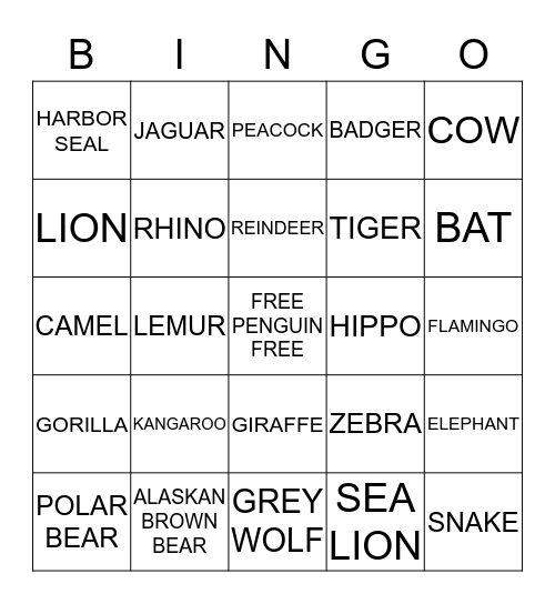ZOO Bingo Card