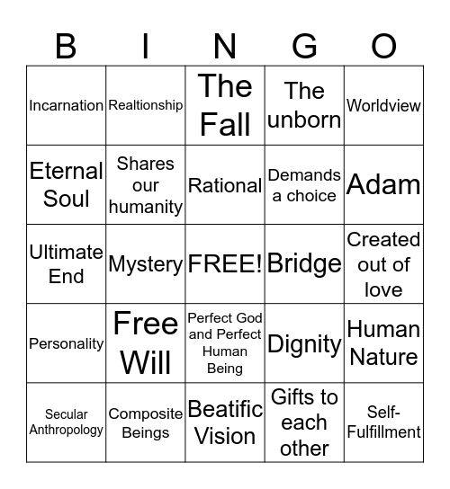 Catholic Anthropology Bingo Card