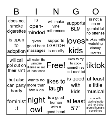 alexis’ ideal mate Bingo Card