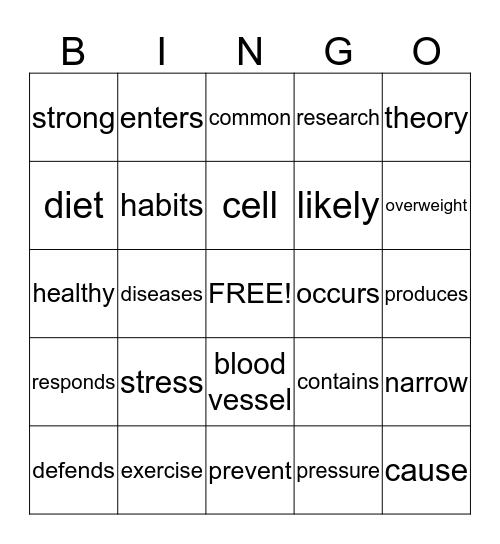 U 1: Staying Healthy in the Modern World Bingo Card