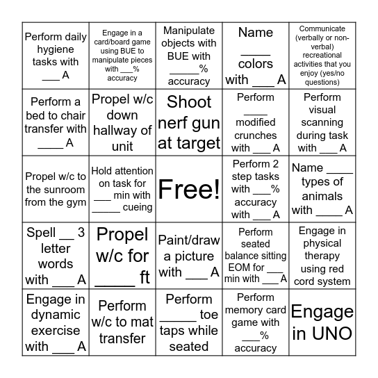 TIRR BINGO A Bingo Card