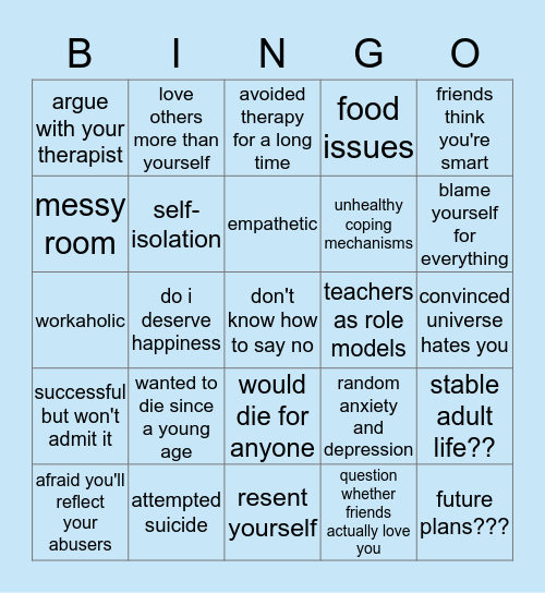 ADULTS WITH ABUSIVE CHILDHOODS Bingo Card