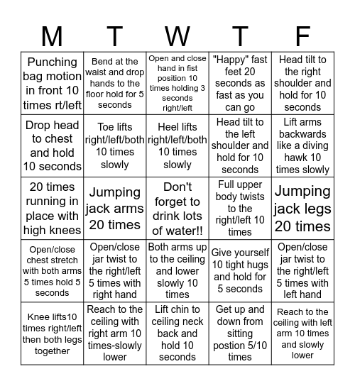 QUARTINED SITTING AROUND WORK-OUT CARDS Bingo Card