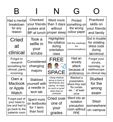 Nursing Student  🩺👩🏽‍⚕️👨🏽‍⚕️ Bingo Card