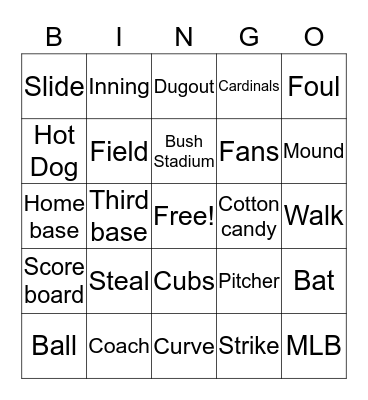 Baseball game Bingo Card