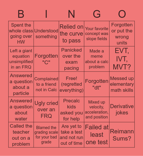 Calculus Bingo Card