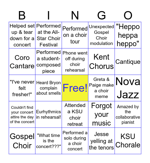 KSU Choirs Bingo Card