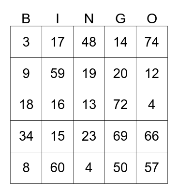 NUMBER Bingo Card