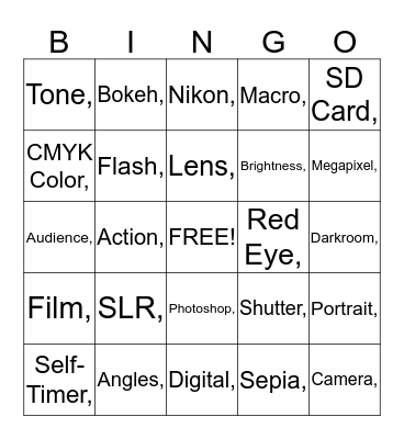Digital Photography Bingo Card