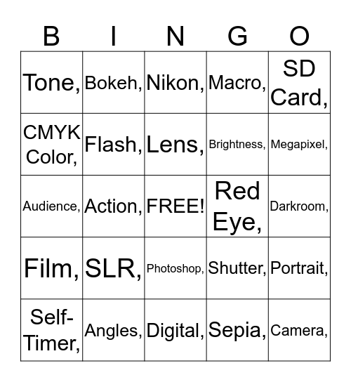 Digital Photography Bingo Card