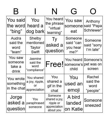 CYKC Staff Bingo Card