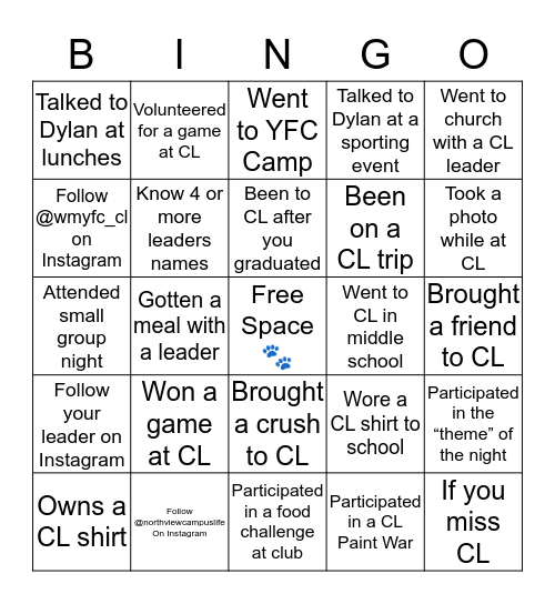 Campus Life Bingo Card