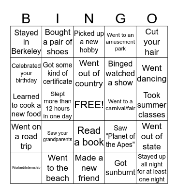Summer Checklist Bingo Card