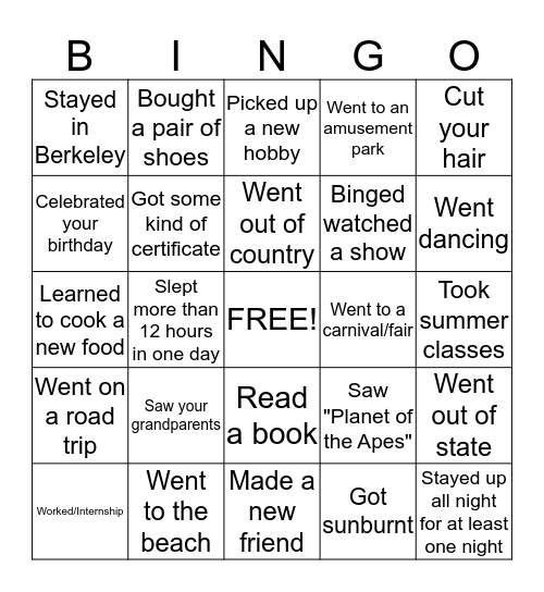 Summer Checklist Bingo Card