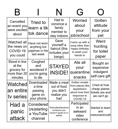 Social Distancing BINGO Card