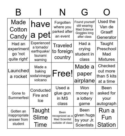 Mad Scientist "Have You Ever" BINGO! Bingo Card