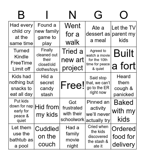 Covid-19 Parenting Bingo Card