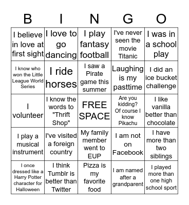 Get to know me  Bingo Card