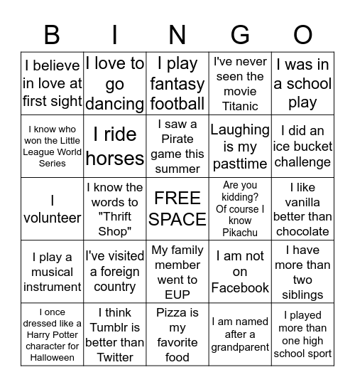 Get to know me  Bingo Card