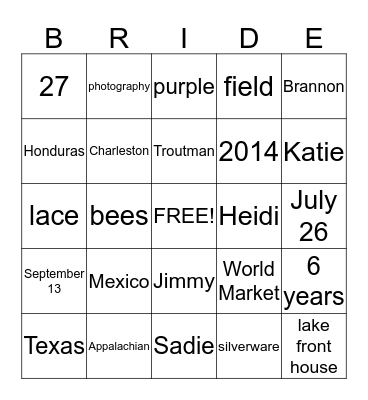 Meg's Shower Bingo Card