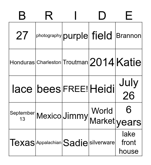 Meg's Shower Bingo Card