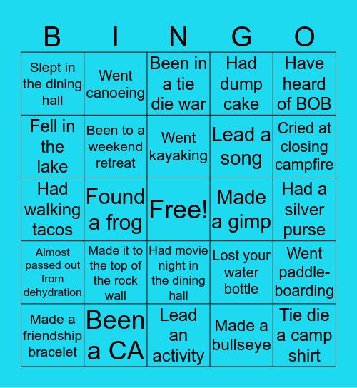 Camp Sacy Bingo Card