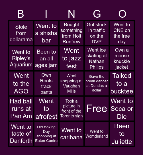 Toronto Bingo Card