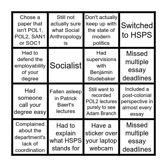 PART 1 HSPS BINGO Card