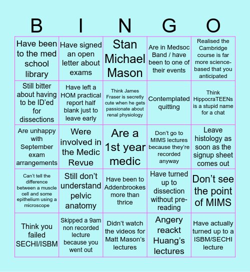 1st Year Medicine Bingo Card