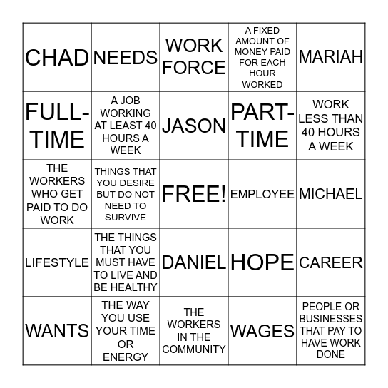 CAJE UNIT 1 VOCABULARY Bingo Card